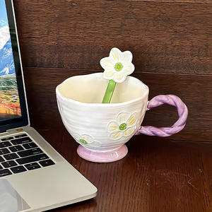 <b>Cute</b> Cartoon Ceramic <b>Mug</b> With Flower Spoon Large Capacity Coffee Cup For Breakfast Home Use Single Cup - Product Image 1