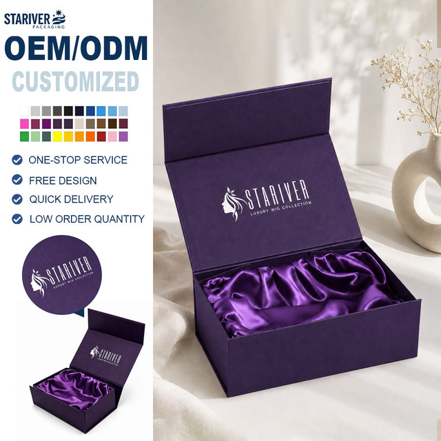 Wholesale Foldable Magnetic Flip Rigid Box Custom Logo Luxury Purple Wig Storage Gift Box With Silk Inner Hair Salon Packaging