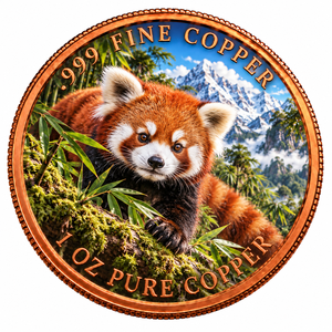 Moneta commemorativa in rame puro .999 da 1 Oz con Panda Rosso che si riposa su un ramo muschiato e rilievo di bambù, medaglia artistica a tema fauna selvatica - Product Image 1
