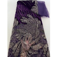 Tissu en velours brossé tissé à paillettes et strass brodées, orné de plumes de paon K/C, pour robe de mariée Aso Ebi et Abaya musulmane