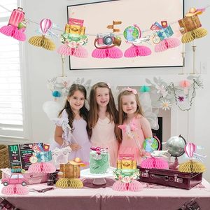 ชุดตกแต่งโต๊ะธีมการเดินทาง 8 ชิ้น รูปทรงรังผึ้ง สีชมพู สำหรับงานปาร์ตี้  "ให้การผจญภัยเริ่มต้น" ของตกแต่งโต๊ะวันเกิด - Product Image 3