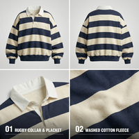 Sweat-shirt polo vintage personnalisé à rayures rugby, coupe oversize et carrée, rayures bleu marine et crème, boutonné, en molleton de coton délavé