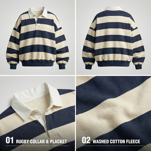 Sweat-shirt polo vintage personnalisé à rayures <span class=keywords><strong>rugby</strong></span>, coupe oversize et carrée, rayures bleu marine et crème, boutonné, en molleton <span class=keywords><strong>de</strong></span> coton délavé - Product Image 3