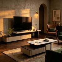 Ensemble moderne de meuble TV et table basse en bois avec tabourets et tiroirs de rangement, placage bois, mobilier de salon, vente en gros