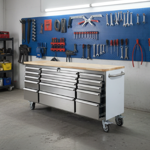 Coffre à outils de 72 pouces pour <span class=keywords><strong>garage</strong></span>, dessus en <span class=keywords><strong>bois</strong></span>, 18 tiroirs, chariot, grand meuble à outils avec tiroirs - Product Image 4