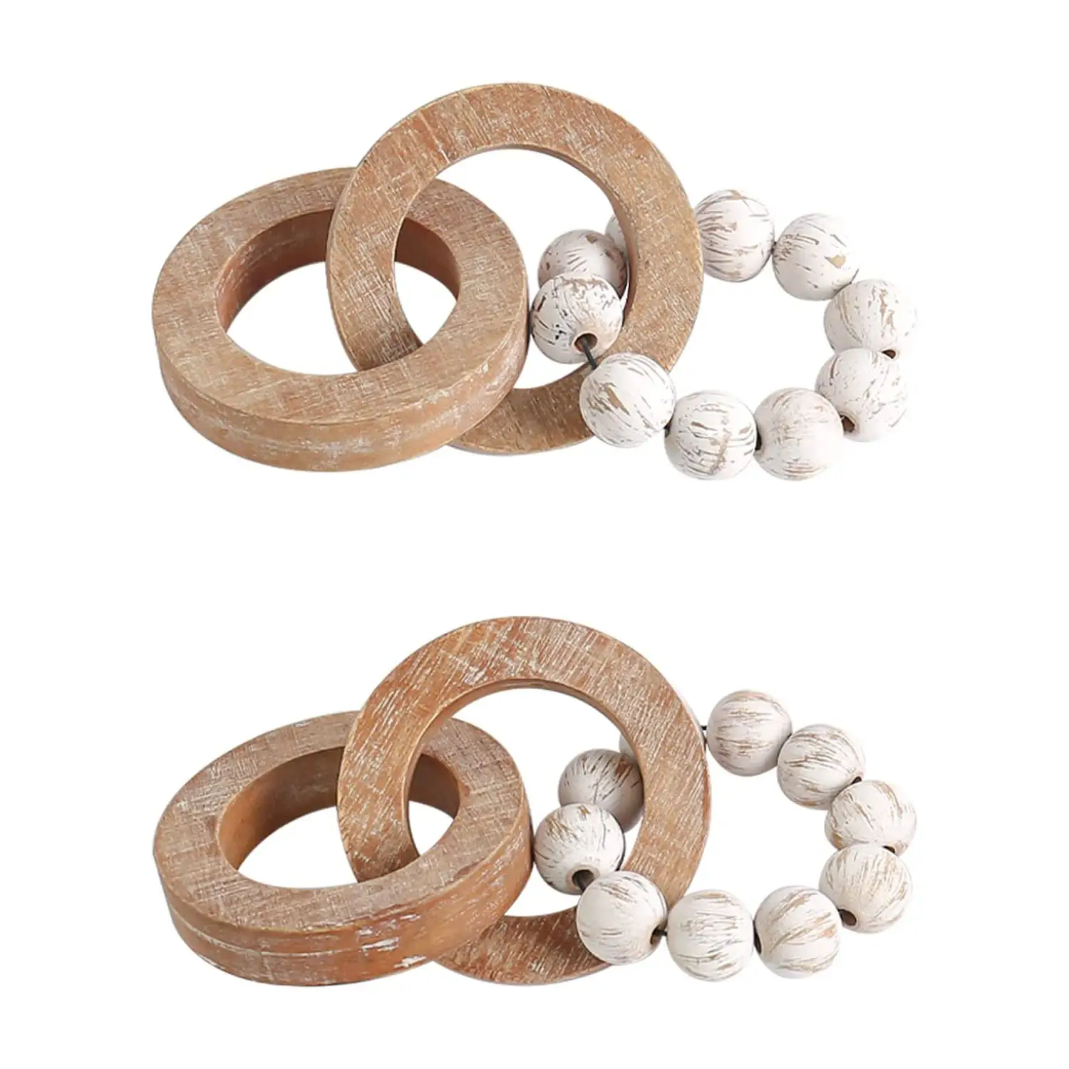 Wood Chain Link Decor for Coffee Table, Handmade Carved 3 Link Wood Knot & Wood Bead Decor