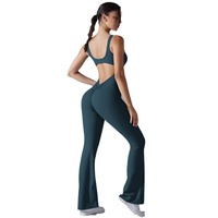 Combinaison dos évidé pêche pour femme, tenue de sport et de fitness, pantalon patte d'éléphant, combinaison de yoga