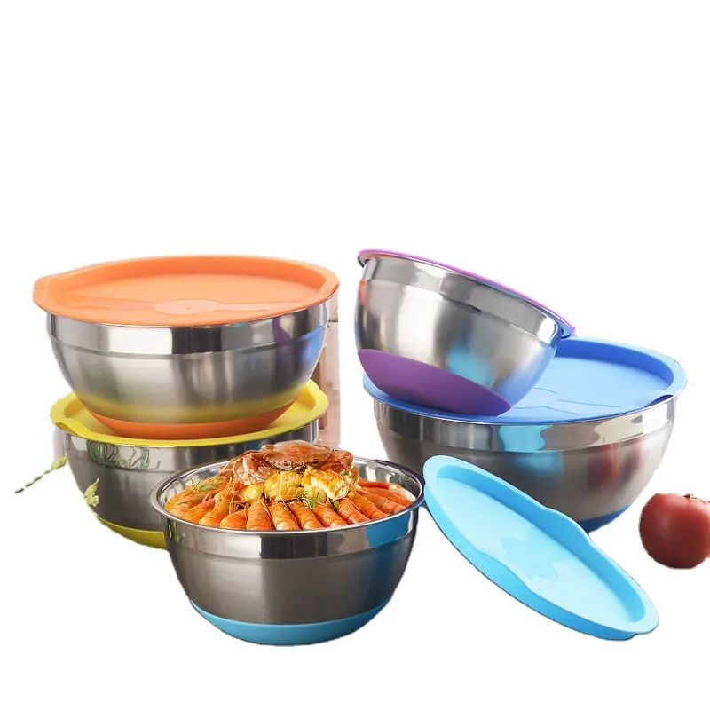 Küche Edelstahl Mischen Schüssel Mit Deckel Hause Küche Ei Mischer Salat Schalen Nicht-slip Silikon Boden Lebensmittel Lagerung schüssel Set