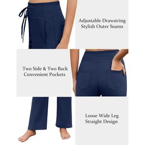 Pantalones de yoga de pierna ancha FOXA para mujer, cintura alta, UPF 50+, pantalones deportivos con cordón y bolsillos - Product Image 4