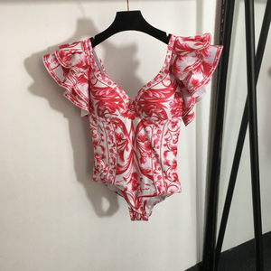 Của phụ nữ cổ điển in Ruffle tay áo Một Mảnh Áo Tắm sàn Chiều dài đàn hồi eo váy tiếp xúc với trở lại 100% cotton cho - Product Image 2