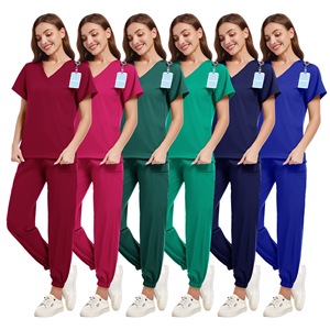 Navy Blue Scrub Suit Short Sleeve Lightweight Moisture Wicking Split Set For Medical Work Uniform In Stock - Product Image 5