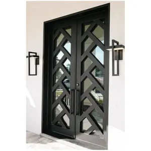 CBMmart Entry Doors Double Swing High Quality Security Steel Metal With Glass Exterior Front Doors Wrought Iron Door For House
