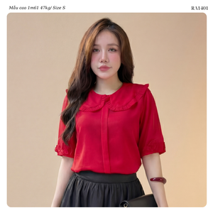เสื้อผู้หญิงสีแดง คอปกปีเตอร์แพน แขนสั้น แต่งระบาย ผ้าฝ้ายป๊อปลิน สีพื้น สไตล์หวานๆ สำหรับฤดูใบไม้ผลิและฤดูร้อน - Product Image 3
