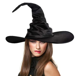 Sombrero de bruja negro de satén con ala ancha, accesorio para disfraz de Halloween, sombrero para fiesta - Product Image 4