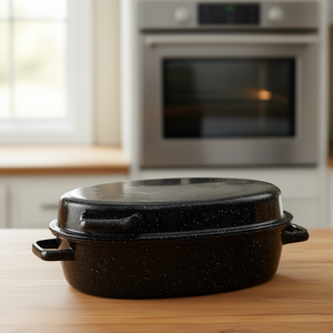 Oval Goose Roaster 10.5 L 42 Cm Enamelled Black White Speckled Roasting <b>Pan</b> - Product Image 3