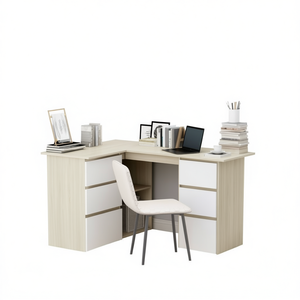 Bureau d'angle en bois d'ingénierie beige avec tiroirs de rangement, mobilier de bureau à domicile - Product Image 1