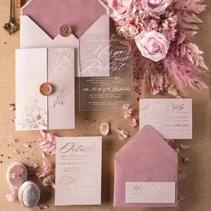 Best Sale Pink Velvet Envelope Wedding Invitation With Vellum Floral Acrylic Design Wedding Invitation Cards