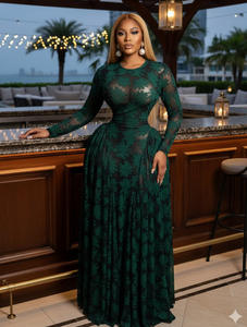 Abito Elegante Stampato 2026 con <span class=keywords><strong>Maniche</strong></span> <span class=keywords><strong>Lunghe</strong></span> in Rete e <span class=keywords><strong>Schiena</strong></span> <span class=keywords><strong>Scoperta</strong></span> per un Look da Spiaggia Include un strato interno. - Product Image 1