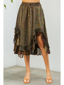 Falda midi estampada de algodón con volantes y tela tejida para verano, estilo casual. - Product Image 3