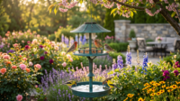 Mangeoire à oiseaux suspendue trois-en-un avec lumière solaire LED, bain pour oiseaux, plateau à graines, design gazebo, résistant aux intempéries, écologique, résistant à la rouille, pour extérieur