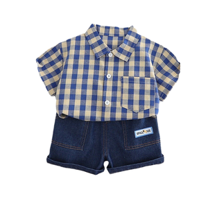 ชุดเสื้อผ้าเด็กผู้ชายลายสก็อตคุณภาพดี แฟชั่นชุดเสื้อเชิ้ตแขนสั้น ผ้าฝ้ายเนื้อนุ่ม - Product Image 2