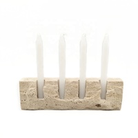 Porte-bougie long en travertin beige à quatre trous, 300 mm, surface texturée pour l'affichage des bougies
