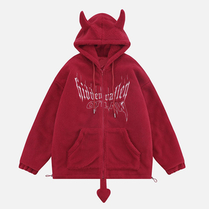 Hoodie Kebesaran Tanduk Setan Desain Baru Logo Bordir Kustom Hoodie Bulu Sherpa Pria Kualitas Tinggi - Product Image 1