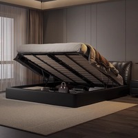 Lit double moderne italien minimaliste en cuir de vachette matelassé, taille Queen, avec cadre en bois de pin, rangement, tatami souple, garantie 5 ans