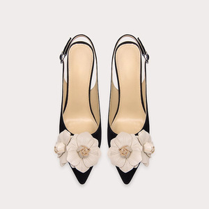 Sandali con Tacco Alto Eleganti e Sexy per Donne Francesi, Design Floreale, Taglia Grande, in Microfibra Nera - Product Image 3