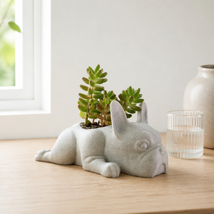 Maceta <span class=keywords><strong>de</strong></span> resina con forma <span class=keywords><strong>de</strong></span> bulldog francés recostado, textura <span class=keywords><strong>de</strong></span> hormigón, para suculentas, decoración nórdica para el hogar y jardín, regalo al por mayor, decoración <span class=keywords><strong>de</strong></span> mesa OEM - Product Image 1