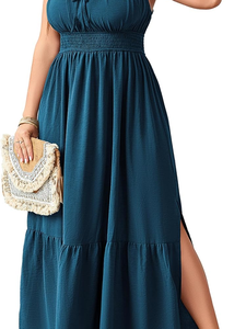 Women's <b>Boho</b> Maxi <b>Dress</b> Strapless A-Line Elastic Waist Viscose Solid Color Layered Hem Slit Loose Fit <b>Summer</b> Casual <b>Dress</b> - Product Image 3