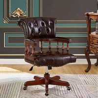 Fauteuil de capture en cuir véritable bœuf foncé, pivotante, avec roulettes, base en bois, pour maison et bureau, royaume-uni