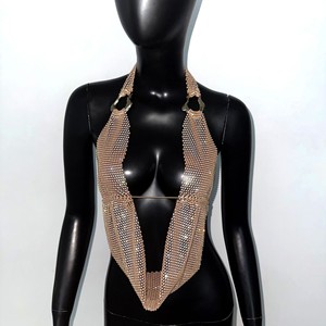 Women's Gold Rhinestone Mesh Halter Crop <strong>Top</strong> <strong>Sparkly</strong> Perfect for Clubs Festivals Raves and Night-out Looks - Product Image 2