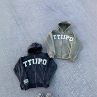 Sweat à capuche personnalisé en pur coton, entièrement zippé, grande taille, coupe ample, style streetwear, vintage, décontracté, avec patch lettres, veste d'automne, vente en gros