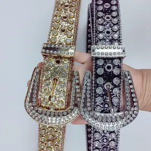 Venta al por mayor Western Cowgirl Cowboy Vintage Bling Crystal Diamond Studded Belt Cinturones de diamantes de imitación de cuero genuino para hombres y mujeres