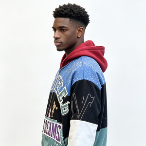 Felpa <span class=keywords><strong>con</strong></span> Cappuccio da Uomo Streetwear <span class=keywords><strong>con</strong></span> Patch Personalizzate, Ricami, Blocchi <span class=keywords><strong>di</strong></span> Colore, Effetto Verniciato, <span class=keywords><strong>Cerniera</strong></span> e Strass - Product Image 2