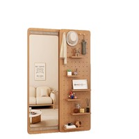 Miroir mural coulissant avec rangement perforé, miroir pleine longueur dissimulant l'intimité, organisateur de vêtements en bois minimaliste