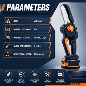<span class=keywords><strong>Mini</strong></span> <span class=keywords><strong>Motosierra</strong></span> Inalámbrica Profesional de 8 Pulgadas, Motor sin Escobillas de 21V, Batería Compatible con OEM/ODM, Herramienta Manual para Podar Jardines y Trabajar la Madera - Product Image 2