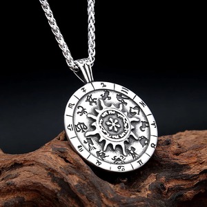 Collar con colgante del zodiaco de plata tibetana Yunnique, cadena de 60 cm, regalo unisex, joyería con diseño de constelación y rueda solar, cadena para suéter - Product Image 1