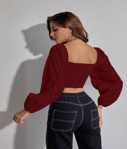 Blusa Informal de Manga Larga para Mujer, Lisa, con Mangas de Puntos, Asimétrica, Cómoda, de Corte Regular para el Día a Día - Product Image 1