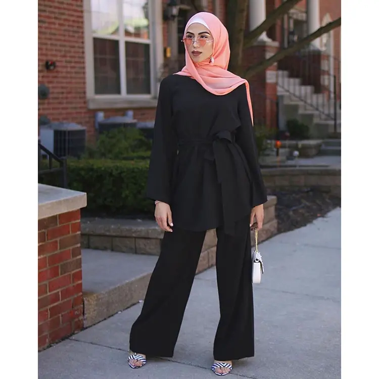 Kadınlar katı islam Abaya giyim müslüman tam kollu resmi iki adet üst gevşek pantolon kanat seti ofis elbise