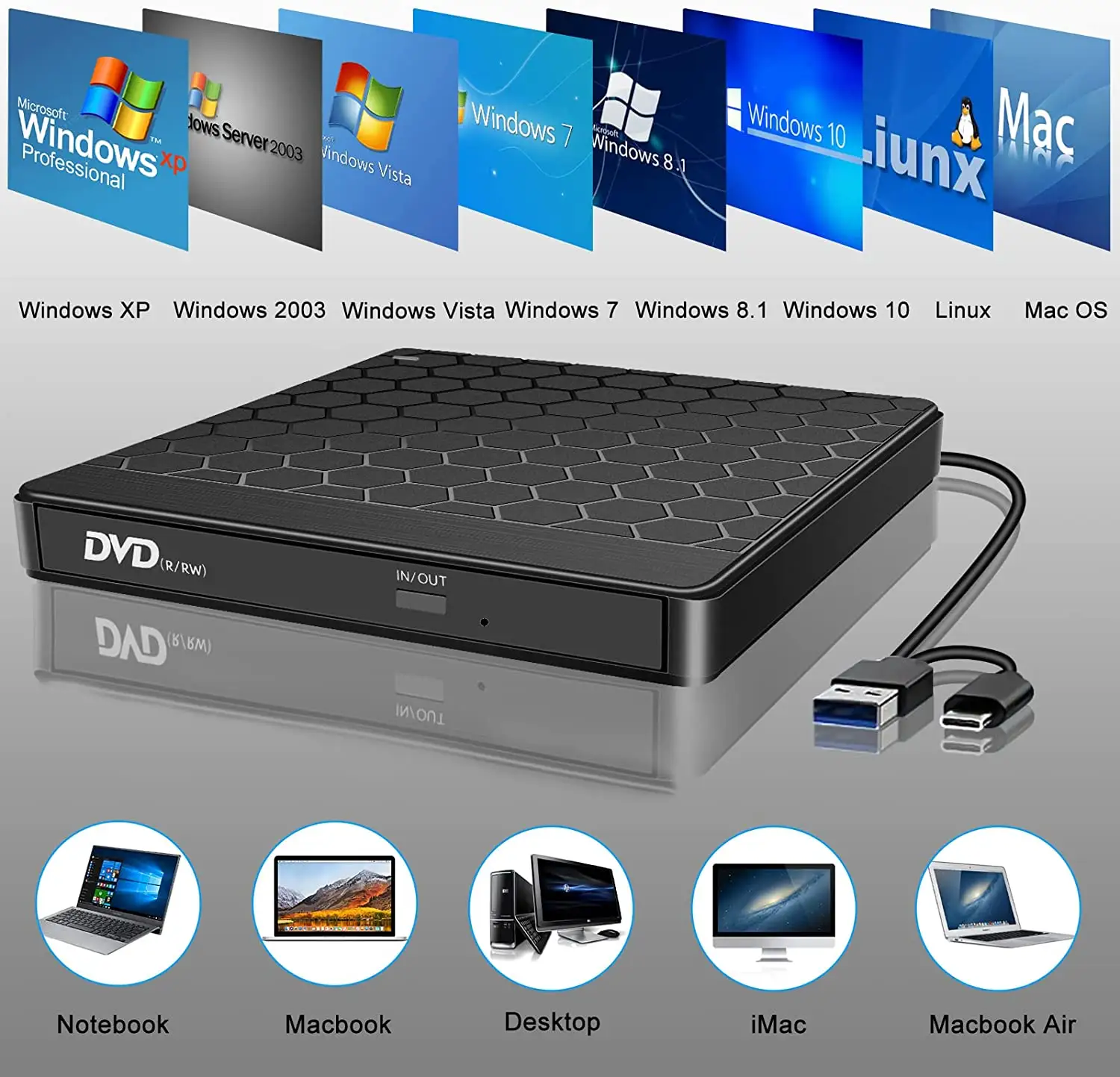 새로운 CD 버너 USB 3.0 4 USB 포트와 2 TF/SD 카드 슬롯 노트북 맥 PC 윈도우 11/10 리눅스 OS USB 외장 DVD rw 드라이브
