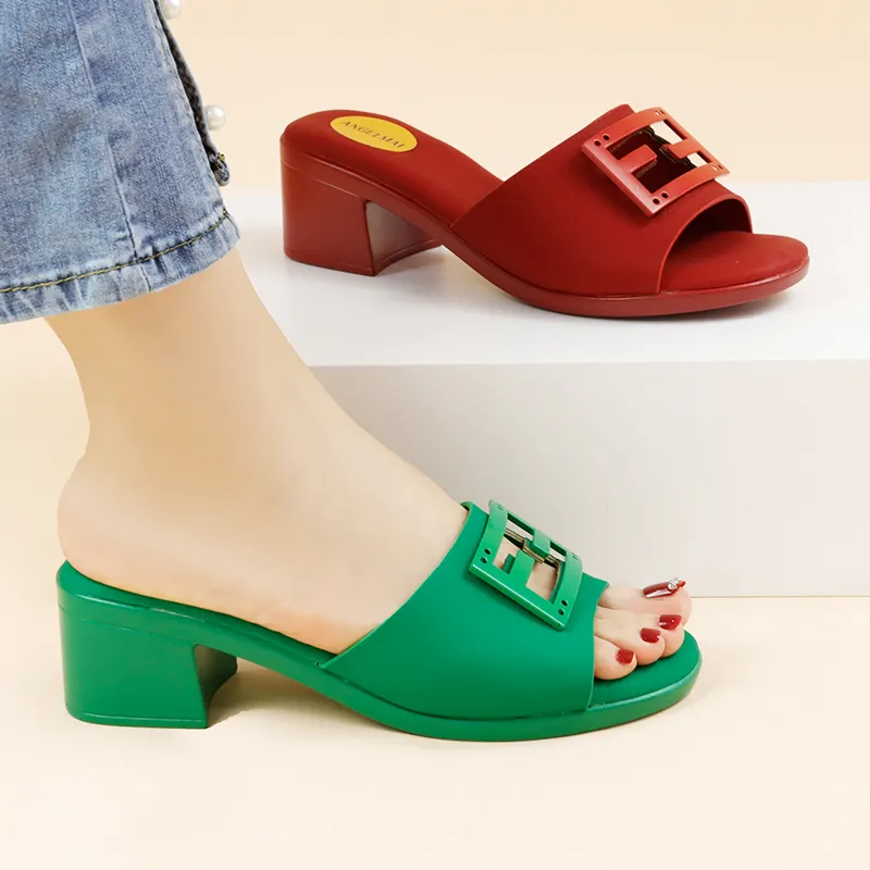 Summer Casual fashion style Green Square heel Sole Ladies Metal buckle Open round Toe slippers Women's High Heel Sandals Shoes