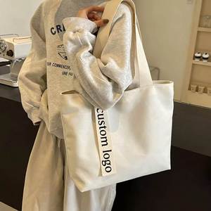 Custom Simple Casual <b>Large</b> Capacity Beige Black Cotton Canvas Shoulder <b>Gift</b> Tote Shopping <b>Bag</b> with Handle Printing Logo - Product Image 3