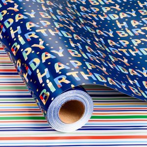 Blue Birthday Wrapping Paper 17 Inch X 16.5 Ft Reversible Metallic Foil Striped Pattern For Gift <b>Wrap</b> - Product Image 2