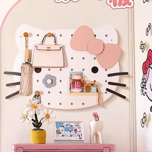Cartoon <b>Pegboard</b> Wall Mounted Wooden Shelf With <b>Hooks</b> For Toys Organizer Storage Display Rack White Pink Natural Wood Color - Product Image 2