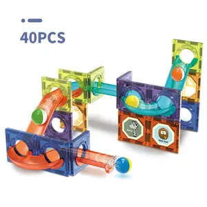 新设计教育积木玩具磁砖大理石跑Diy 40pcs大理石跑磁砖带球