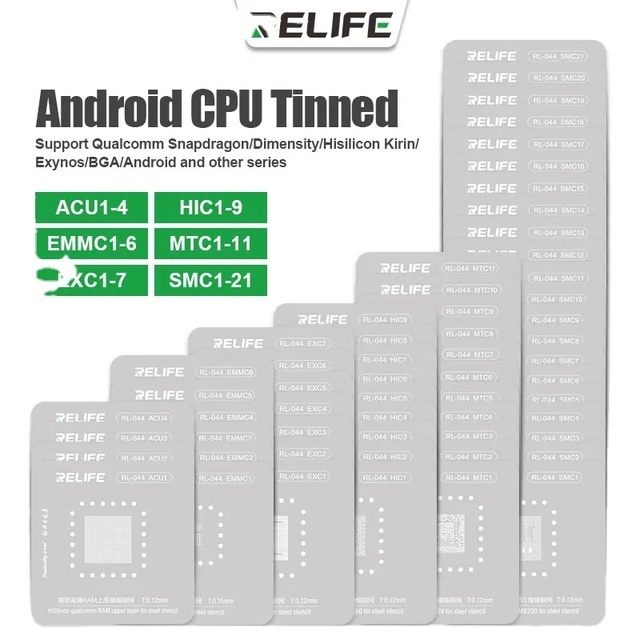 RELIFE RL-044 58PCS Chip Planting Tin Steel Mesh Set for Android Qualcomm Snapdragon Dimensity HiSilicon BGA Reballing Stencil