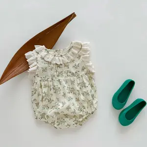 Pakaian musim panas bayi motif bunga antik Bodysuit renda katun anak perempuan Romper Kerut bayi