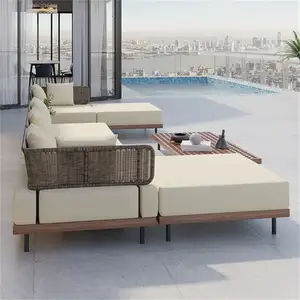 Altovis sofá de vime para jardim e pátio de teca personalizado de luxo com almofadas